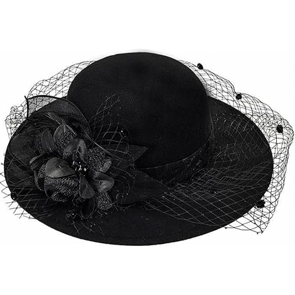 3859 Black Veil Wide Brim Bowler Hat Flower Decor Floppy Church Cap Funeral